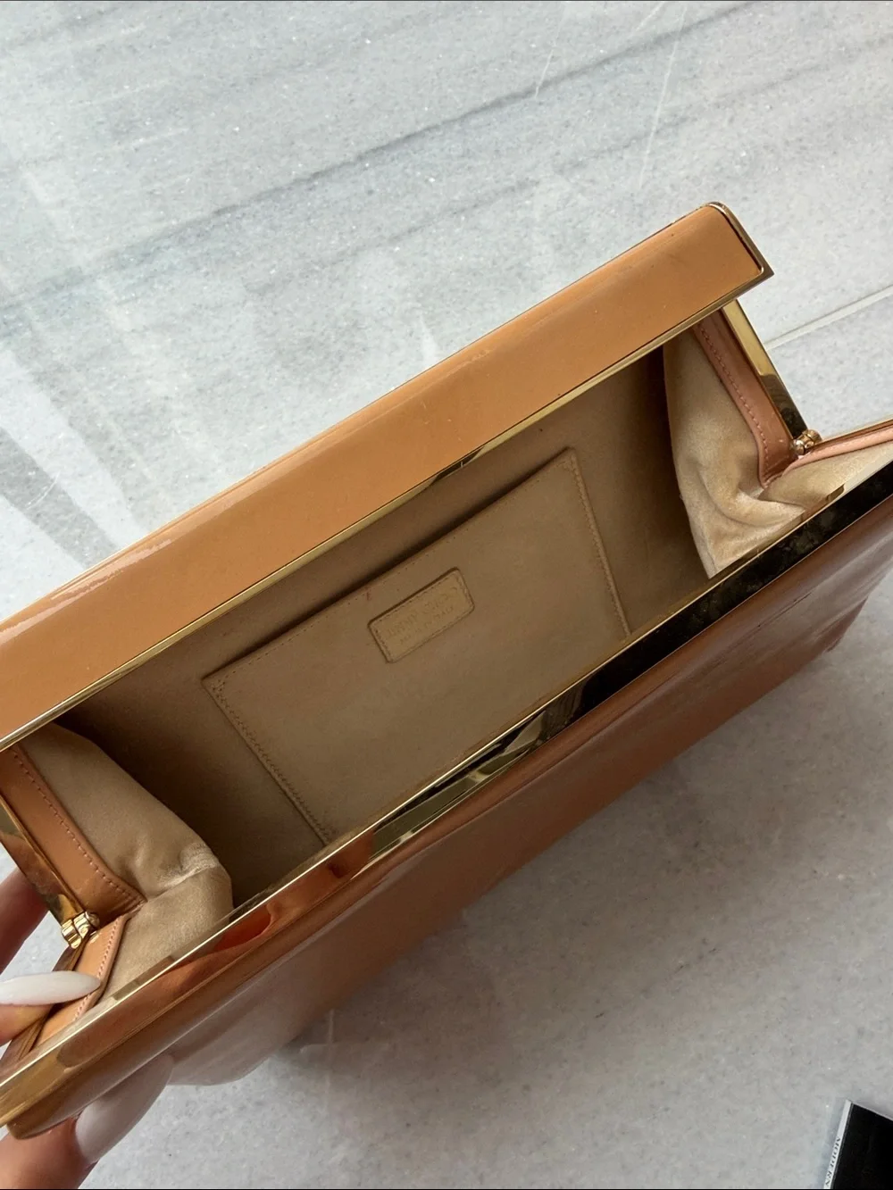 Jimmy Choo Tan Patent Leather Clutch with Gold Trim